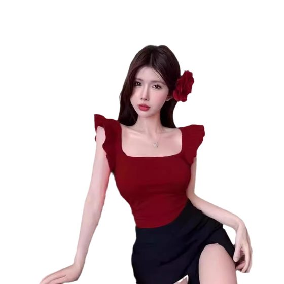 wine red Square Collar Small Flying Sleeve Slim-fit Slim T-shirt 2025 Summer New French Spice Girls Niche Women's Fashion