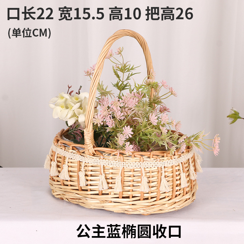 Regalo DE LA MANO perla princesa cesta sauce ratán tejida olla verde rosa flor niños foto cesta arco cinta portátil flor cesta