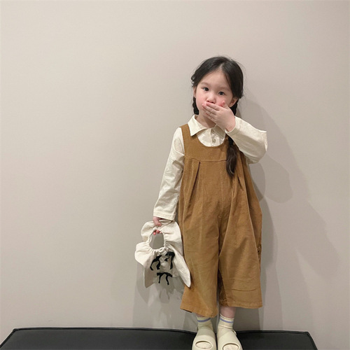 Girls lapel shirt overalls suit baby casual two-piece suit autumn new children's clothing 81019