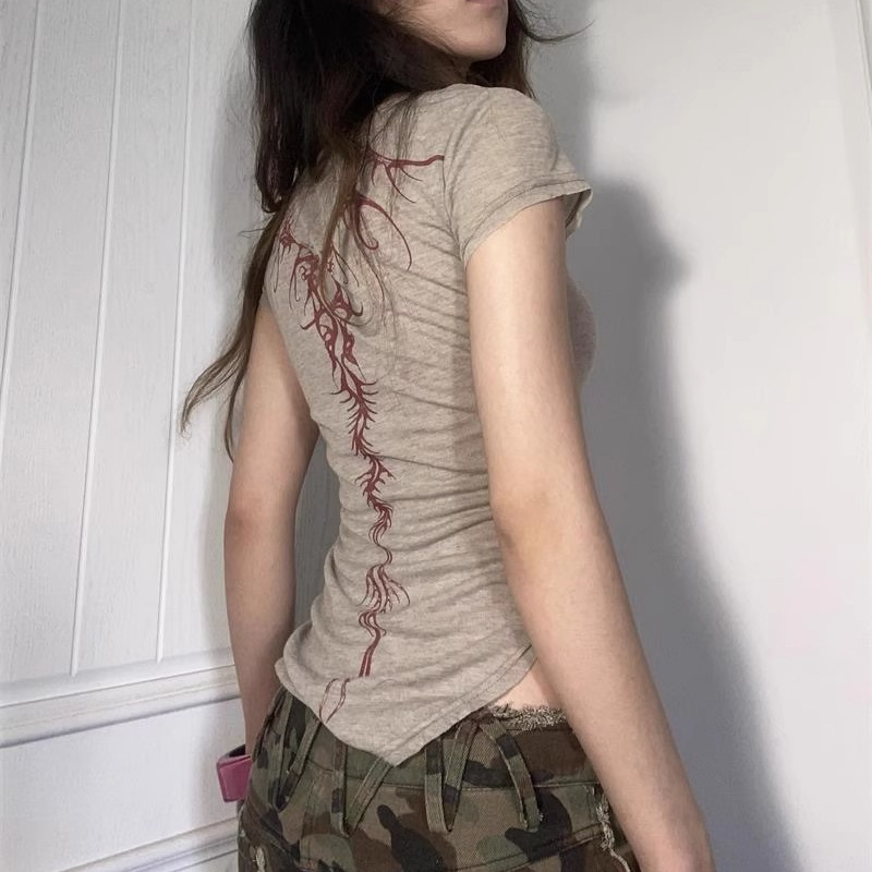 Summer Women's New Y2K Spice Girl Millennium American Vintage Waste Earth Style Front and Back Wearable Round Neck T-Shirt Top