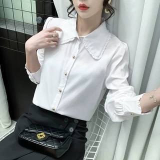 衬衫女百搭韩版减龄木耳边娃娃领洋气外搭学院风上衣宽松型长袖