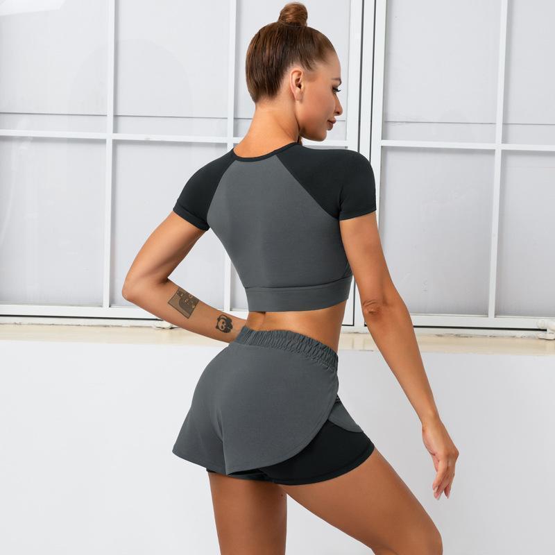 hip-lifting high-elastic round neck short sleeve hollow color matching top and shorts yoga set NSNS131747