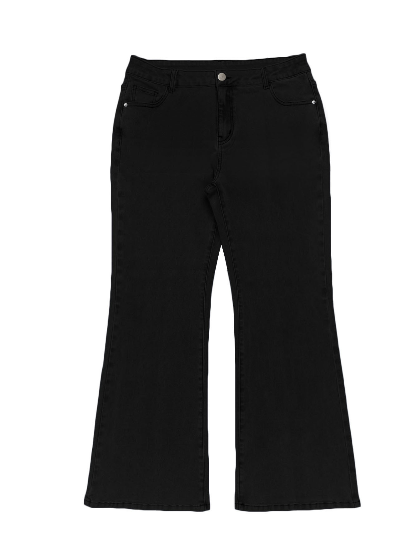 Women's Clothing Plus Size Jeans, High Waisted Flared Denim, Solid Color, Street Style, High Elasticity, Slim Fit, With Pockets._ecoleips.com