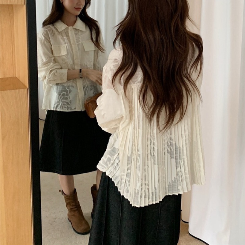 Early autumn Korean retro double-pocket niche heavy-duty back pleated long-sleeve slightly sheer loose shirt Early autumn Korean retro double-pocket niche heavy-duty back pleated long-sleeve slightly sheer loose shirt
