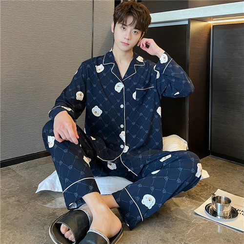 Men's Spring and Autumn Long Sleeve Cotton Silk Pajama Set with Simple and Refined Style, Thin Summer Collar Home Wear Suit