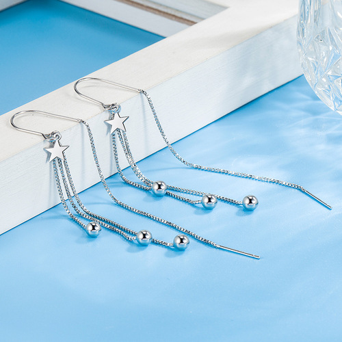 Elegant and fashionable five-pointed star light beads tassel ear hook ear wire female small star earrings temperament anti-lost bean tassel earrings