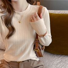 小圆领秋冬季德绒坑条螺纹长袖打底衫女士内搭正肩t恤高级感上衣