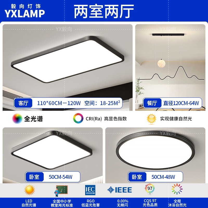 Luz de techo, lámpara de sala de estar, lámpara principal de espectro completo, protección de ojos, lámpara de dormitorio moderna simple sin hendiduras, lámpara negra Zhongshan