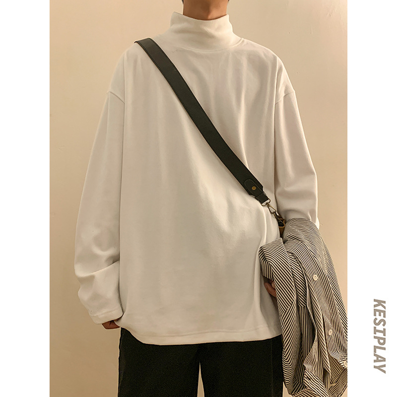 가을과 겨울을 위한 남자의 중간 높이 칼라 베이스 셔츠 독일 벨벳 보온 느슨한 블랙 기모 내부 긴팔 중간 칼라 가을 긴팔 티셔츠