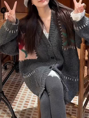 美式复古提花针织开衫女2025秋冬时尚宽松百搭补丁设计感上衣笙陇