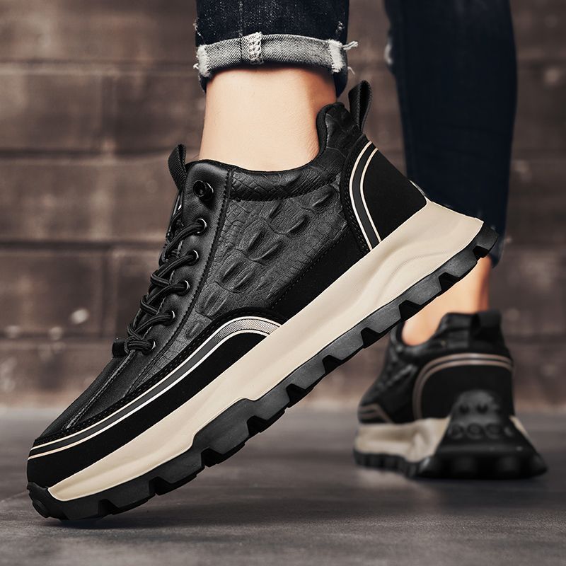 Cross-border Men's New Crocodile Leather Casual Shoes All-match Outdoor Hiking Shoes Thick Sole Booster Shoes Trendy Shoes