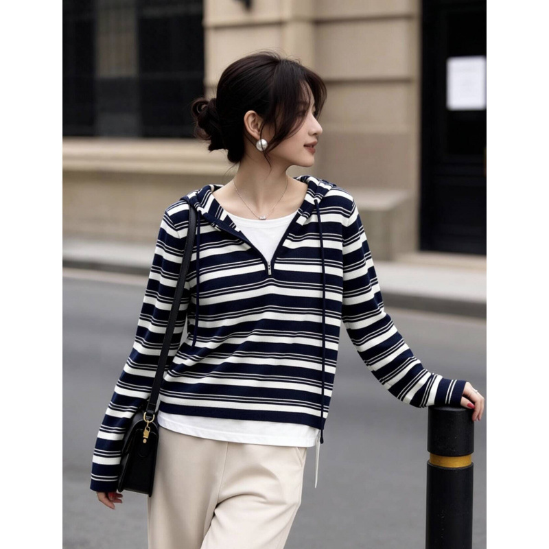 Korean Style Lazy Style Striped Hooded Knitwear for Women Spring and Autumn Fake Two-Piece Pullover Half-Zip Long-Sleeved Top