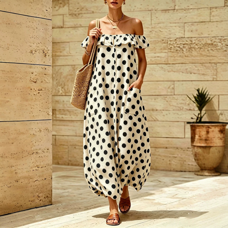 New European and American Style Retro Polka Dot Off-Shoulder Loose Dress with Double Pockets, Sleeveless, Floral Hem Dress for Women