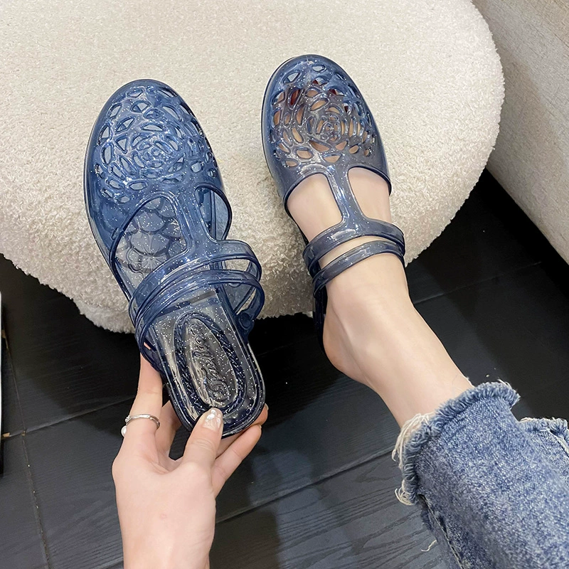 Интернет красный новый Баотоу Леди Тапки Круглая голова Прозрачные Хрустальные Полутапочки Летний дом Открытый Дамы Тапочки