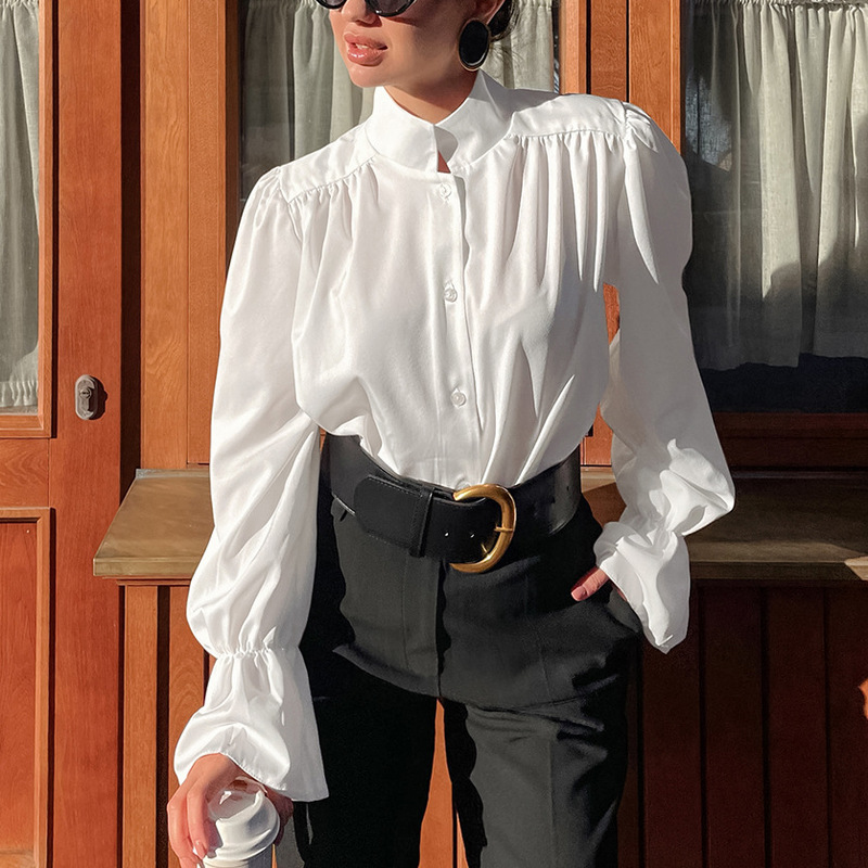 Autumn Design French Stand-Up Collar Puff-Sleeved Shirt New Cross-Border Women's Niche Casual Shirt Loose Top Autumn Design French Stand-Up Collar Puff-Sleeved Shirt New Cross-Border Women's Niche Casual Shirt Loose Top