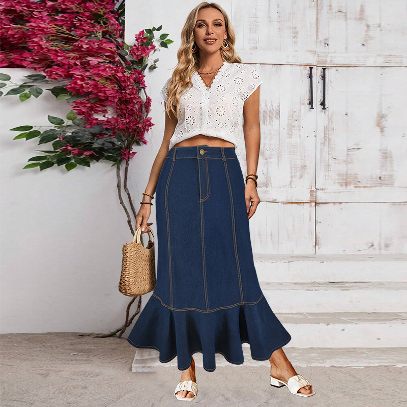 Women's Button-Down Denim Mermaid Skirt, Stretchy Washed Denim Maxi Skirt With Flared Hem, Elegant Tailored Fit_ecoleips.com