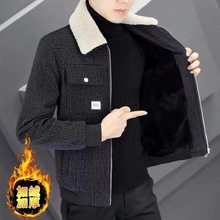 加绒加厚保暖外套男冬季新款韩版潮流修身条纹毛领夹克机车服外套