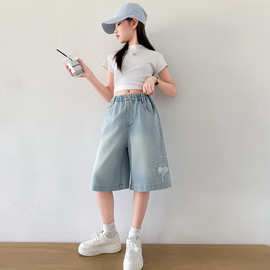 女童洋气蝴蝶结牛仔中裤2026夏季新款中大童薄款宽松阔腿五分裤潮