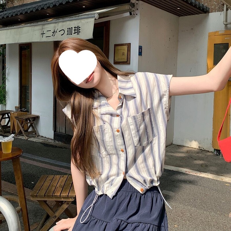 Contrast Color Striped Collar Short-Sleeved Shirt for Women 2026 Summer New Style Loose and Versatile Elegant Cardigan Short Top Contrast Color Striped Collar Short-Sleeved Shirt for Women 2026 Summer New Style Loose and Versatile Elegant Cardigan Short Top
