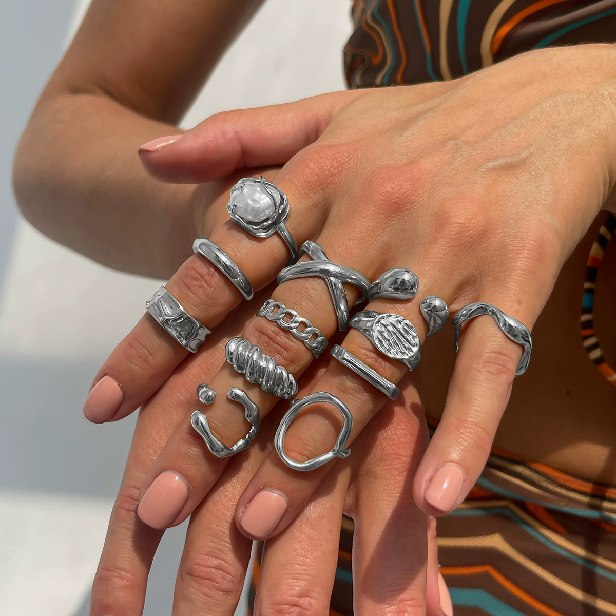 (Cross-border trading), brand accessory, metal ring with pigtail pearl, set, European style