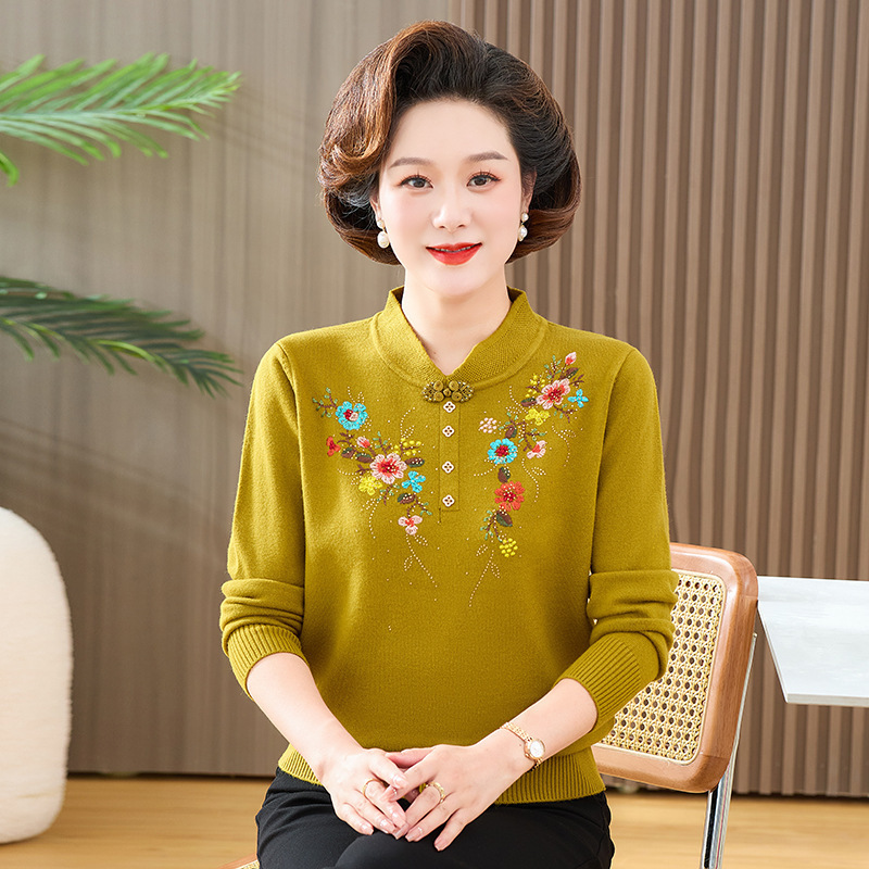 2025 New Spring Woolen Sweater for Mother-In-Law Wedding Banquet Dress Sweater Women's Red Cheongsam Collar Autumn and Winter Style