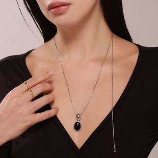French New Black Onyx Adjustable Pendant Necklace Stainless Steel Fashion Long Woolen Chain Collarbone Neck Chain