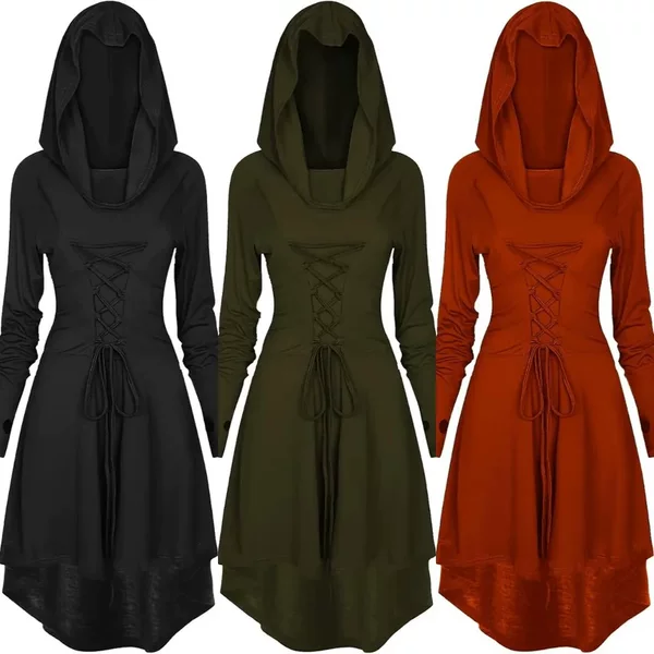 Women's Renaissance Costumes, Halloween Costumes, Women's Medieval Retro Hooded Outfits, High-Low Sets