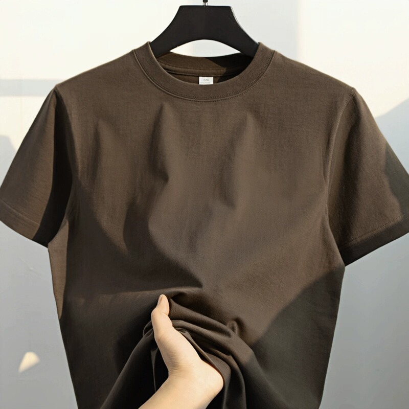 100% Pure Cotton, Understated yet Flattering! Chocolate-Colored Pure Cotton Round-Neck Short-Sleeve Solid Color Loose Casual Half-Sleeve T-Shirt for Men