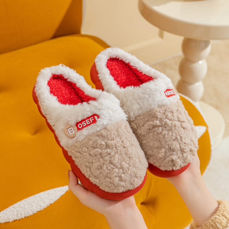 cotton slippers women‘s autumn and winter confinement indoor home home non-slip thick bottom poop feeling plush slippers couple cotton slippers men