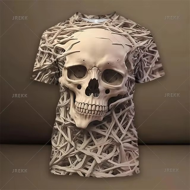 Verano calle todo-fósforo suelto cuello redondo manga corta transpirable camiseta de hombre thriller esqueleto relieve impresión digital 3D