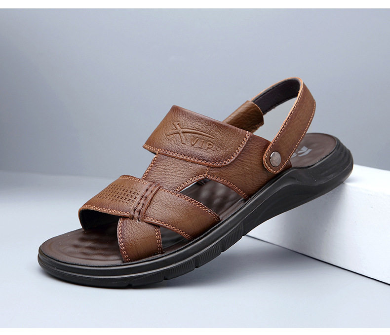 Dép sandal nam da bò hở ngón gót bằng 2,5 cm thoáng khí chống trượt — Kaki, Màu đen chi tiết 17