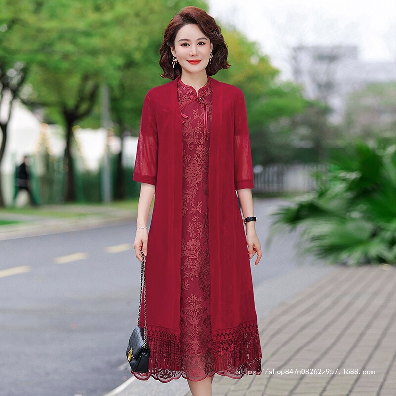 Mother-In-Law Summer Dress Two-Piece Set for Women, New Middle-Aged and Elderly Women's High-End Wedding Dress Lace Suit