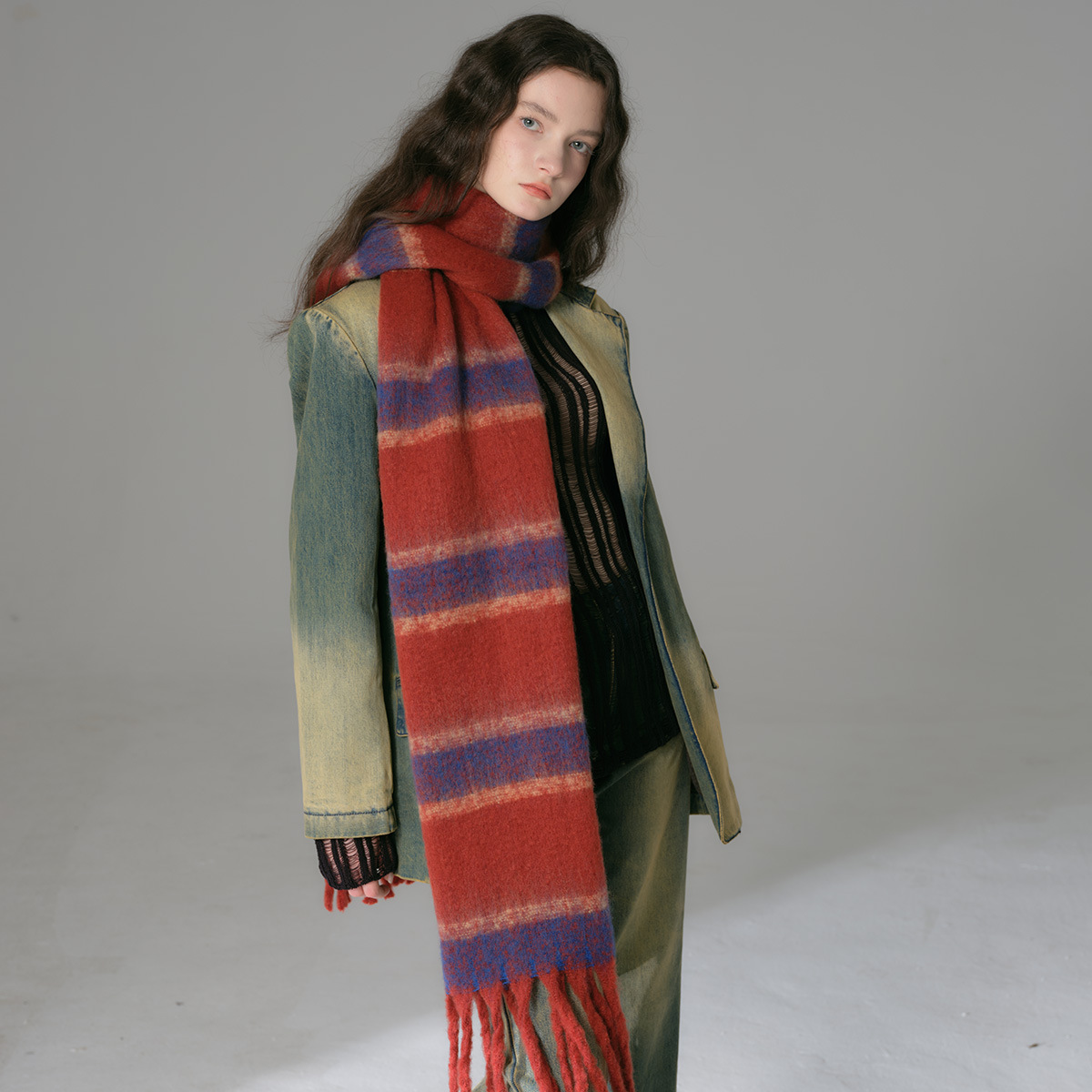 Sciarpa in cashmere imitazione barba spessa a righe abbinata a nuovi colori, scialle oversize con bavaglino oversize con frange e atmosfera morbida invernale da donna_voghion.com