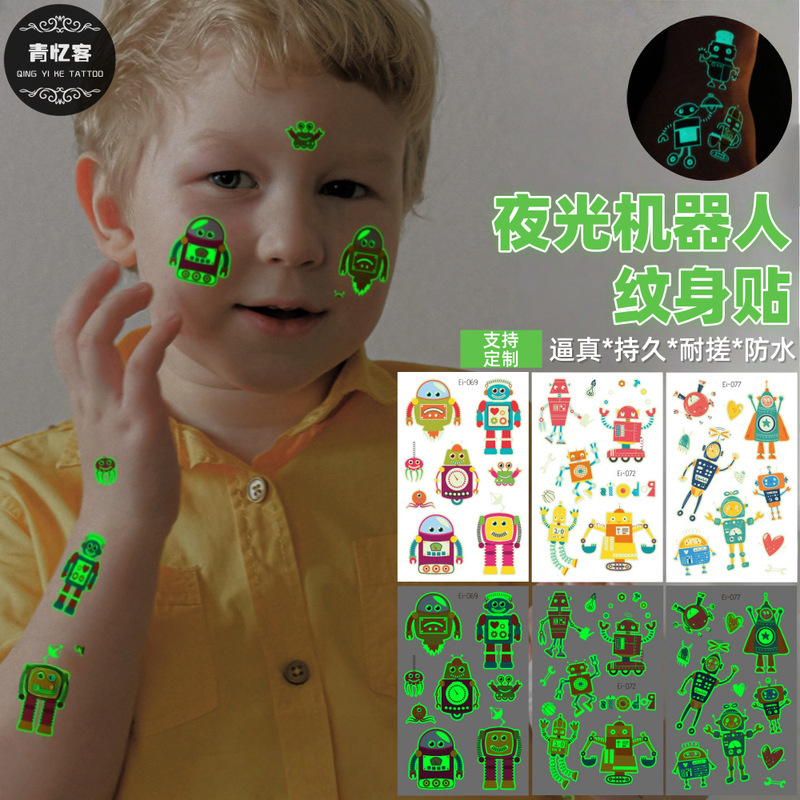 Cross-Border Supply Wholesale Luminous Robot Temporary Tattoo Stickers Luminous Cartoon Cute Kidsren's Toy Party Cross-Border Supply Wholesale Luminous Robot Temporary Tattoo Stickers Luminous Cartoon Cute Kidsren's Toy Party
