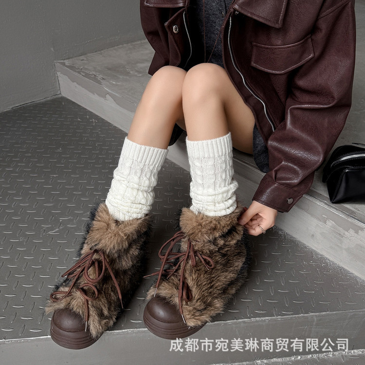 狐狸毛雪地靴女2025新款冬季大头厚底加绒加厚毛毛外穿保暖大棉鞋