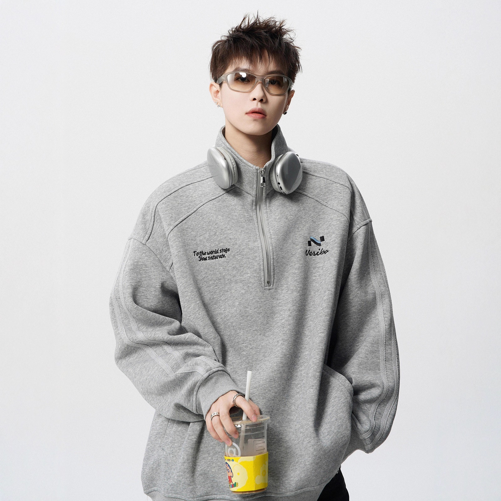 American High Street Retro Embroidered Polo Shirt Men's Autumn Trendy Half-Zip Stand-Up Collar Jacket Loose Sports Long-Sleeved Sweatshirt