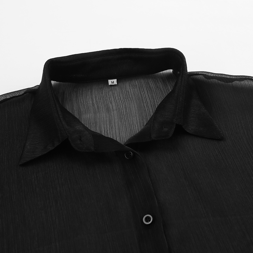 175g Weight Long Sleeve Sleeve Length Single Breasted Placket Type Bishop Sleeve Sleeve Type Polyester Fabric Type Regular Top Length Cardigan, Blouse Tops Type Daily, Party, Date Occasion Turndown Neckline Loose Fit Type Solid Color Pattern Summer Season Women's Gender Sexy Style Wholesale Women's Sexy Solid Color Long Sleeve Blouses 4