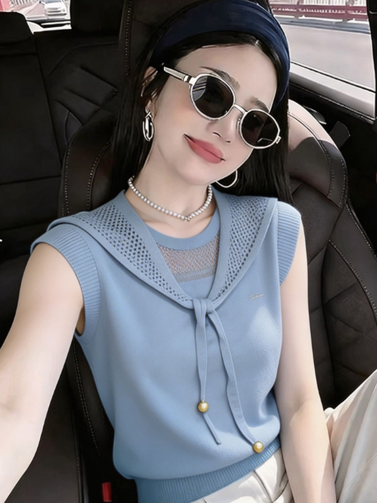 Áo hai dây dệt kim phong cách thiếu nữ ngọt ngào, họa tiết rỗng, tay dây mảnh — Màu xanh da trời