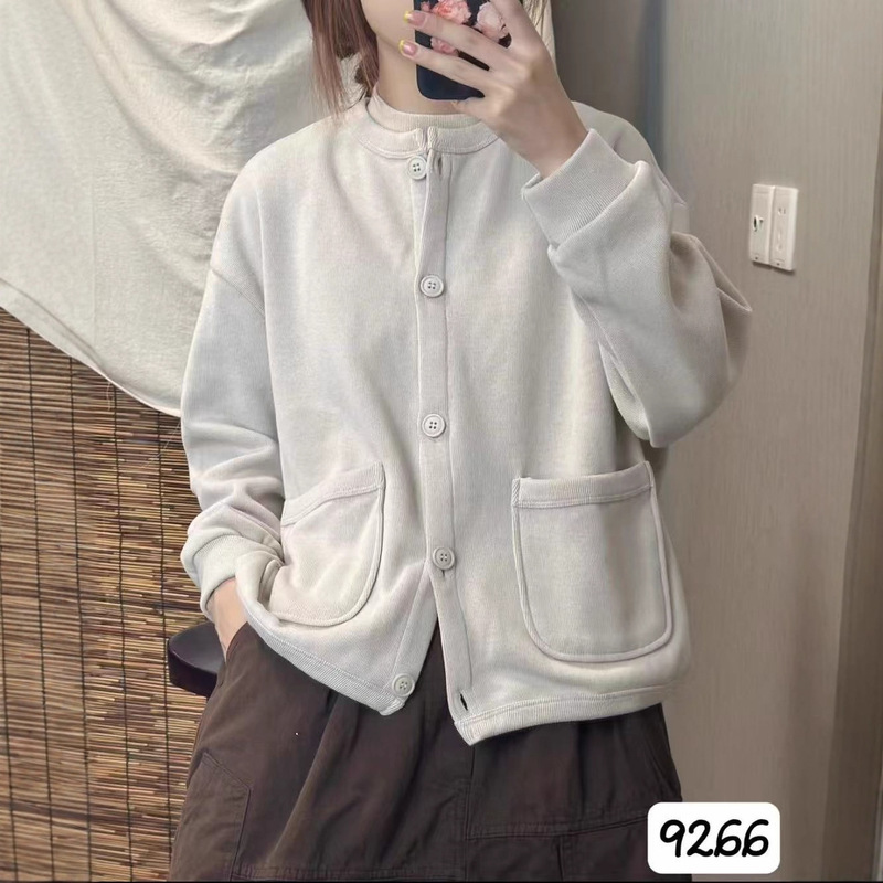 CO秋冬款韩版宽松简约圆领双口袋加绒休闲外套百搭保暖上衣女9266|undefined