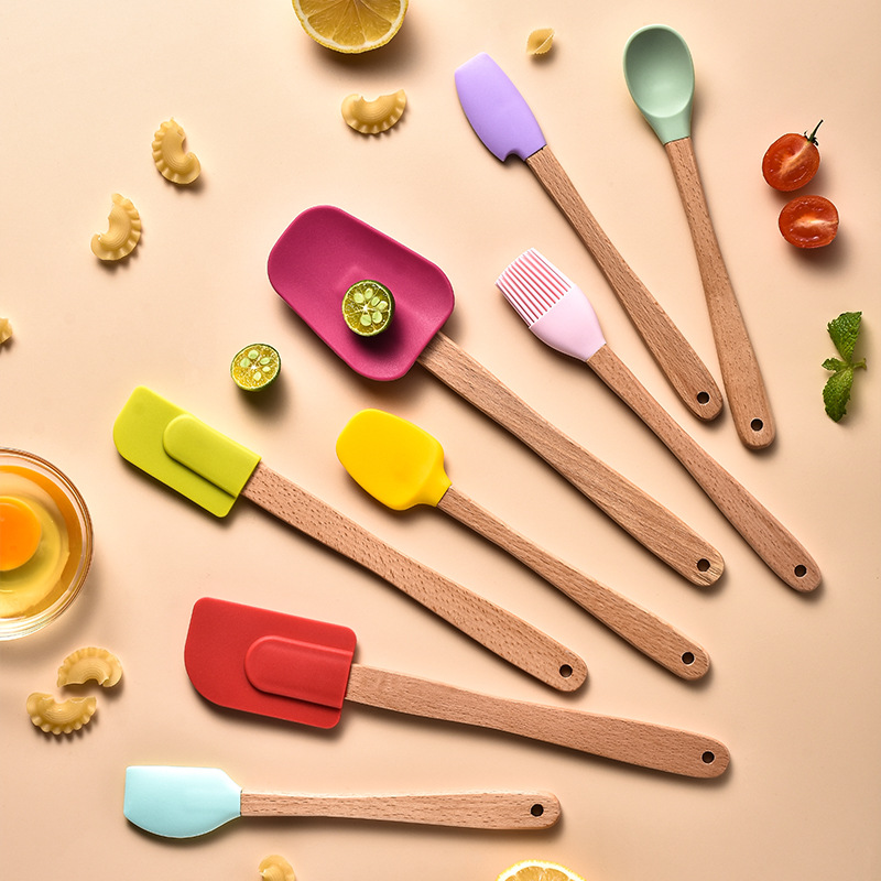 Mini Wooden Handle Silicone Small Scraper Oil Brush Spatula Baking8-piece Set Of Children's Food Supplement Baking And Cooking Gadgets