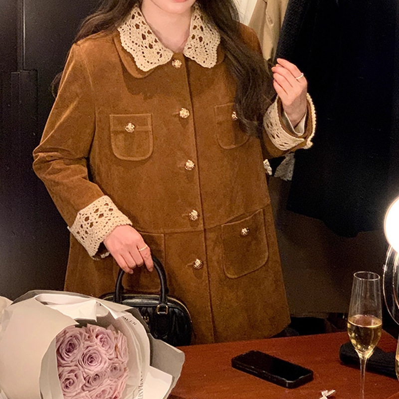 锦倩 MIU系复古翻领中长款麂皮/丝绒外套工装风衣女 美拉德穿搭潮|undefined