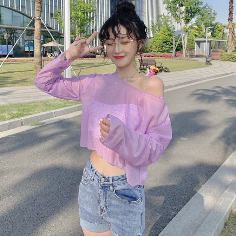 여성용 단색 투명 자외선 차단 의류, 여성용 루즈한 긴팔 티셔츠, 커플용 하의 셔츠, 짧고 귀여운 여성 의류, 트렌디한 기능