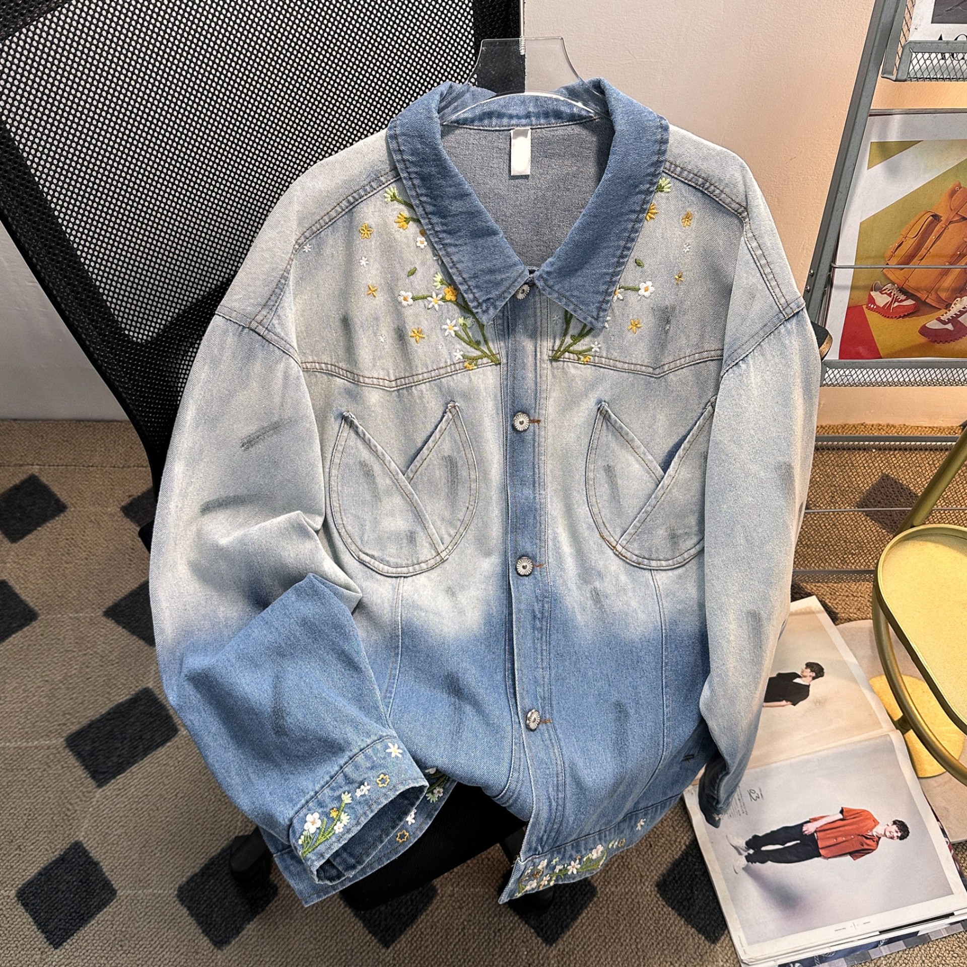 Unisex Gradient Embroidered Denim Jacket American Retro Style Floral Trendy Brand Design Spring Autumn Fashion Non-Stretch Denim_voghion.com