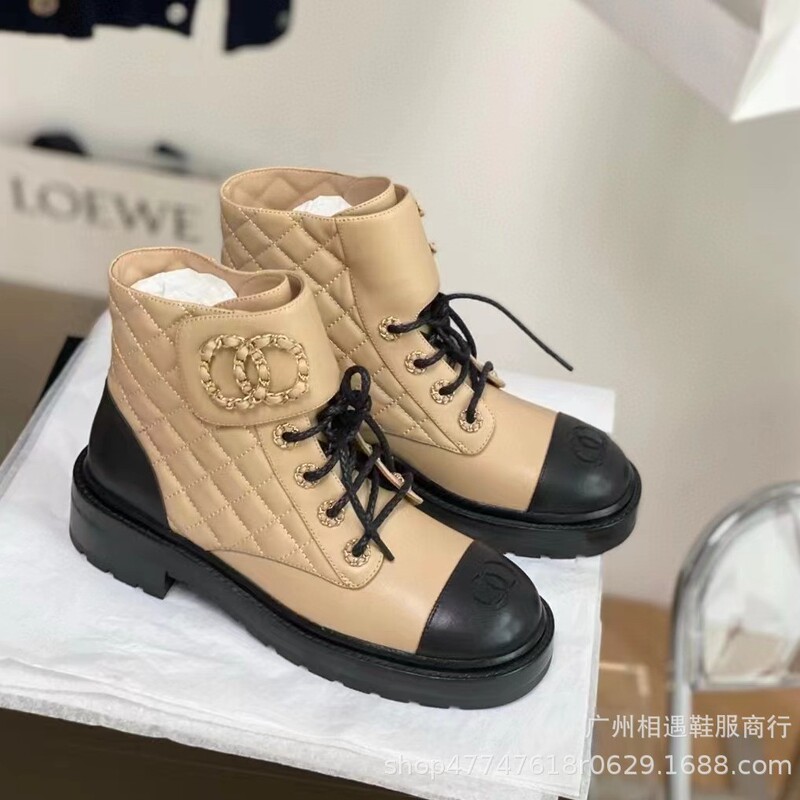 高版本小香风马丁靴女真皮平底粗跟时装靴英伦风厚底系带机车靴子|undefined