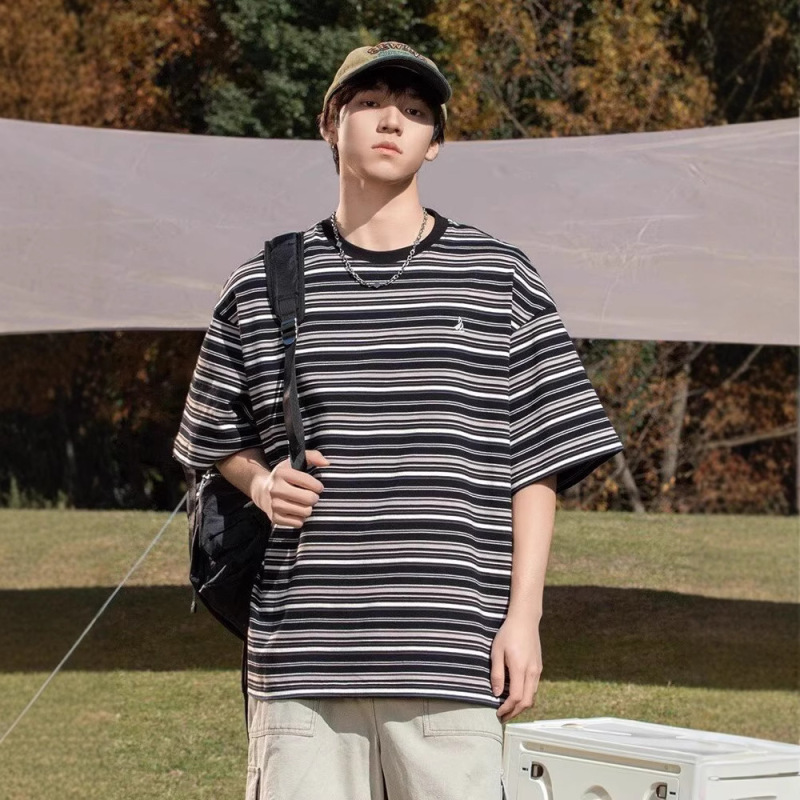 Striped Short-Sleeved T-Shirt Men's Summer Loose Casual Large Size Japanese Style Retro Trendy Brand Half-Sleeved T-Shirt Drop Shipping