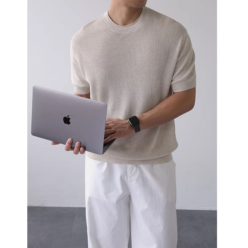 Camiseta de punto de manga corta hombre cuello redondo hueco seda de hielo transpirable verano de negocios de color sólido en el interior de verano al por mayor transpirable secado rápido
