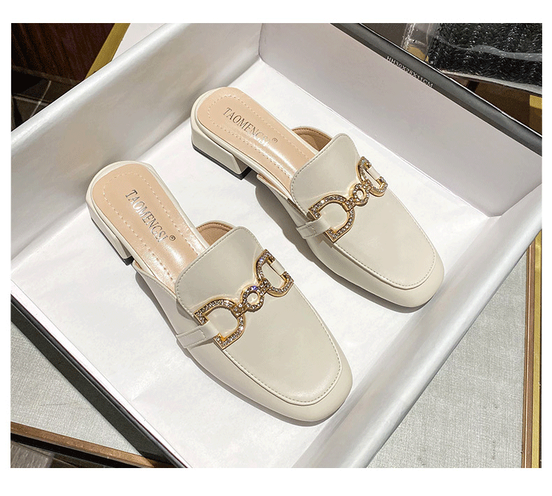 Dép sandal nữ bít mũi gót thô đính đá kim loại mũi ngang, kiểu lười nửa dép mùa hè — Màu mơ, Màu đen chi tiết 28