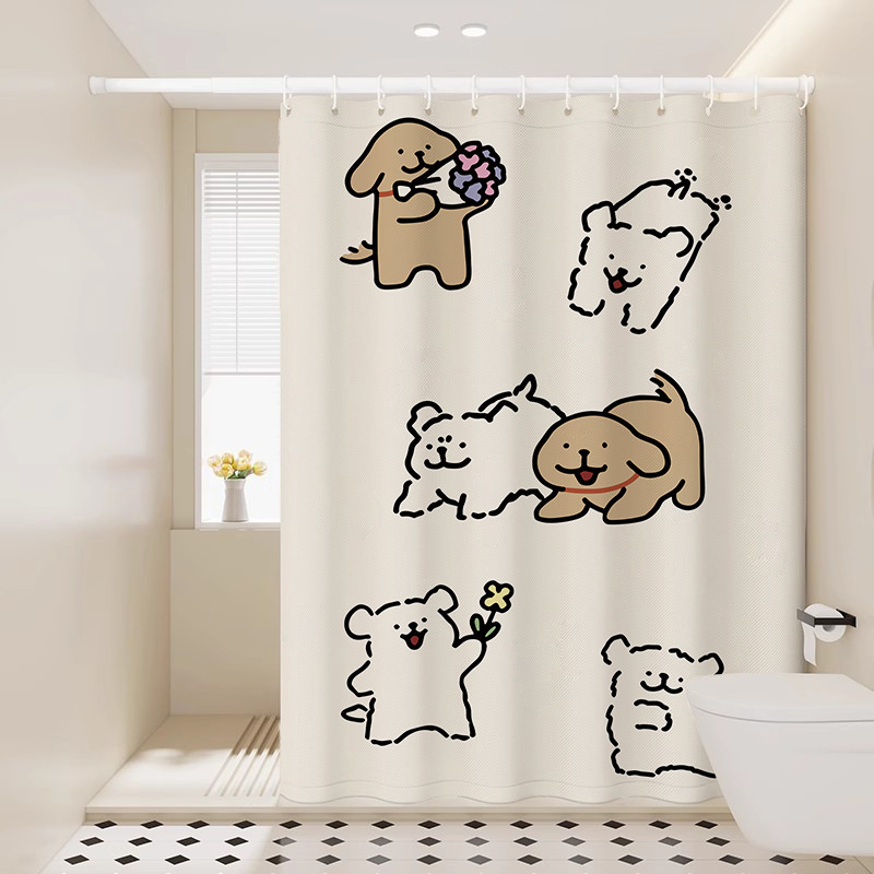 かわいいライン子犬浴室防水布シャワーカーテン浴室パンチフリー間仕切りカーテンシャワーブロックドアカーテン漫画|undefined