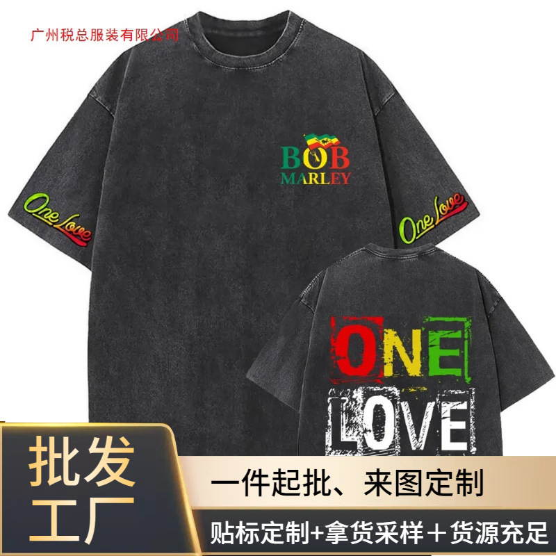 Washed Retro Reggae Bob Marley One Love Graphic Print T-Shirt Men's and Women's Clothing Casual Cotton Retro t