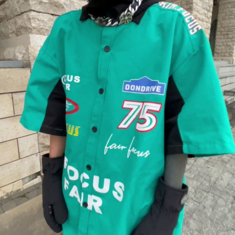 2024SS hip hop retro impresión digital coche de carreras herramientas suelta camisa de manga corta pareja motocicleta camisa de media manga